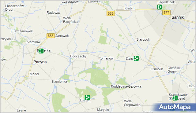 mapa Romanów gmina Pacyna, Romanów gmina Pacyna na mapie Targeo