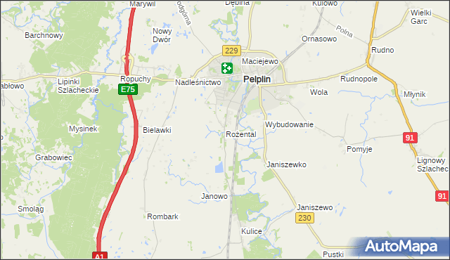 mapa Rożental gmina Pelplin, Rożental gmina Pelplin na mapie Targeo