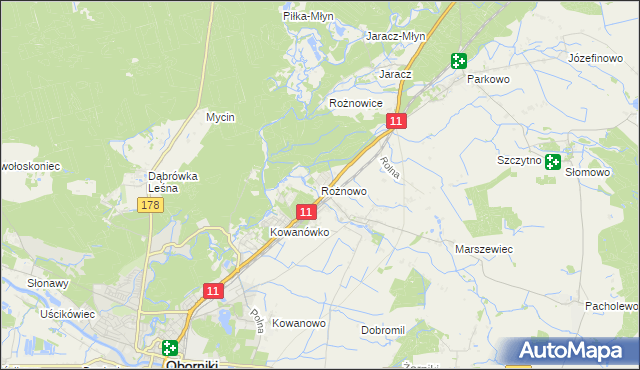 mapa Rożnowo gmina Oborniki, Rożnowo gmina Oborniki na mapie Targeo