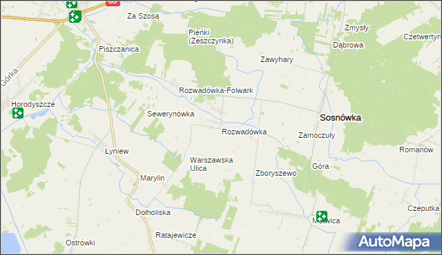 mapa Rozwadówka gmina Sosnówka, Rozwadówka gmina Sosnówka na mapie Targeo