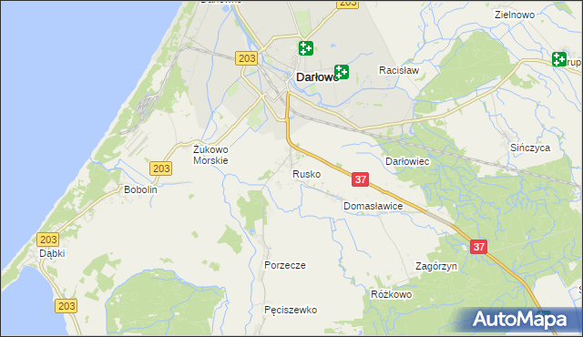 mapa Rusko gmina Darłowo, Rusko gmina Darłowo na mapie Targeo