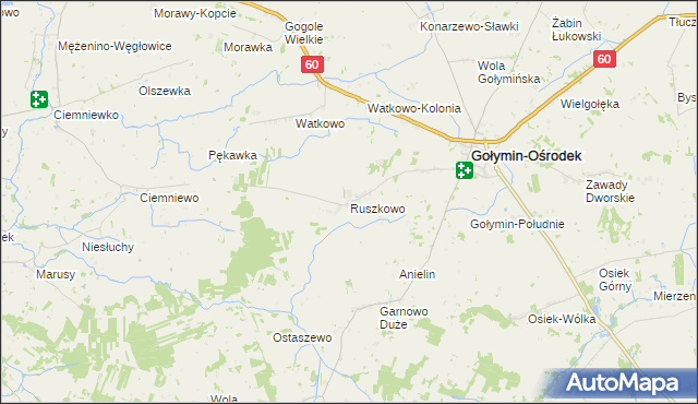 mapa Ruszkowo gmina Gołymin-Ośrodek, Ruszkowo gmina Gołymin-Ośrodek na mapie Targeo