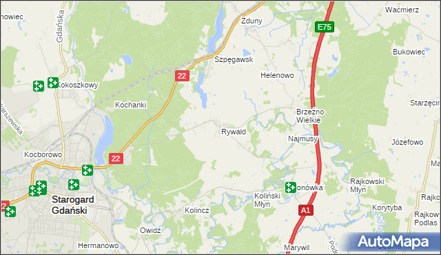 mapa Rywałd gmina Starogard Gdański, Rywałd gmina Starogard Gdański na mapie Targeo