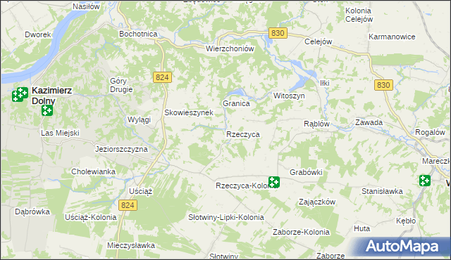 mapa Rzeczyca gmina Kazimierz Dolny, Rzeczyca gmina Kazimierz Dolny na mapie Targeo