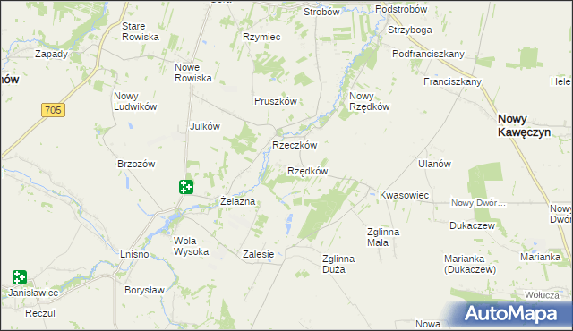 mapa Rzędków gmina Nowy Kawęczyn, Rzędków gmina Nowy Kawęczyn na mapie Targeo