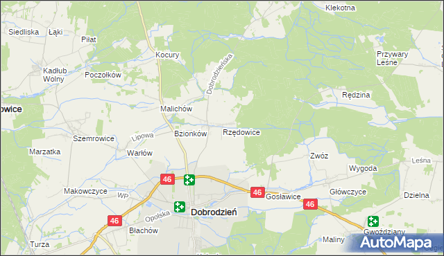 mapa Rzędowice gmina Dobrodzień, Rzędowice gmina Dobrodzień na mapie Targeo