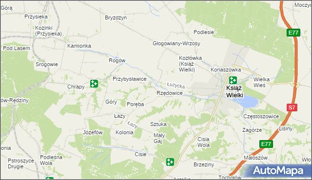 mapa Rzędowice gmina Książ Wielki, Rzędowice gmina Książ Wielki na mapie Targeo