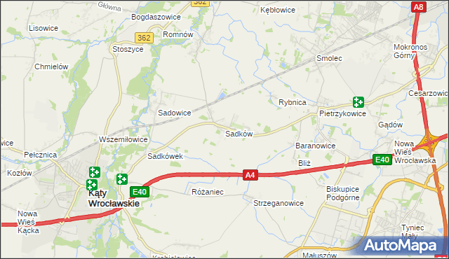 mapa Sadków gmina Kąty Wrocławskie, Sadków gmina Kąty Wrocławskie na mapie Targeo