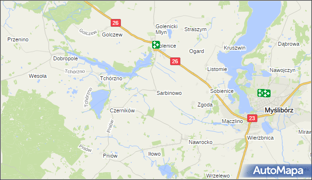 mapa Sarbinowo gmina Myślibórz, Sarbinowo gmina Myślibórz na mapie Targeo