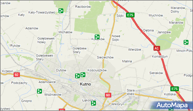 mapa Sieciechów gmina Kutno, Sieciechów gmina Kutno na mapie Targeo