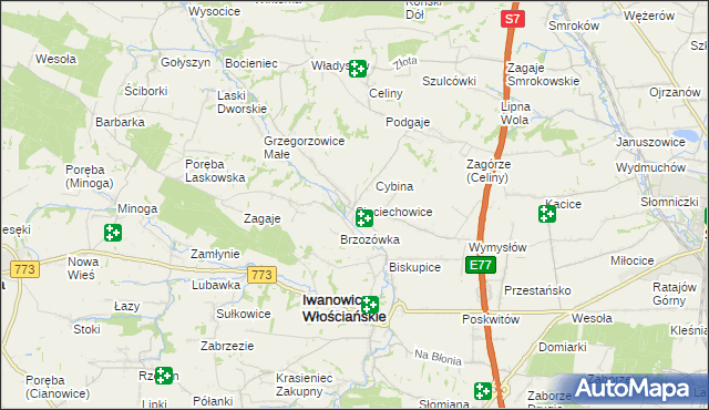 mapa Sieciechowice gmina Iwanowice, Sieciechowice gmina Iwanowice na mapie Targeo