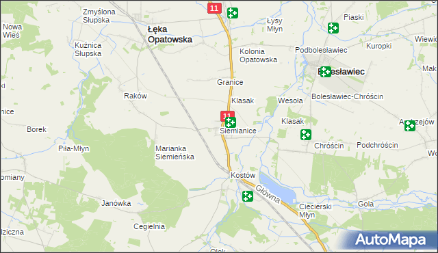 mapa Siemianice gmina Łęka Opatowska, Siemianice gmina Łęka Opatowska na mapie Targeo