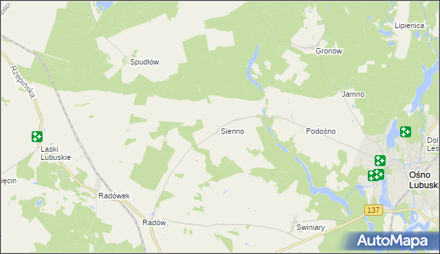 mapa Sienno gmina Ośno Lubuskie, Sienno gmina Ośno Lubuskie na mapie Targeo