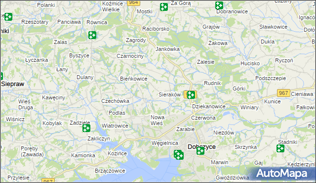 mapa Sieraków gmina Dobczyce, Sieraków gmina Dobczyce na mapie Targeo