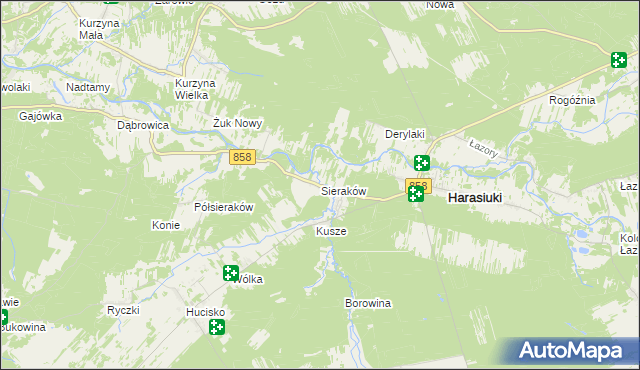 mapa Sieraków gmina Harasiuki, Sieraków gmina Harasiuki na mapie Targeo