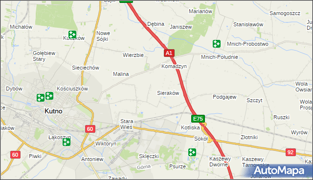 mapa Sieraków gmina Kutno, Sieraków gmina Kutno na mapie Targeo