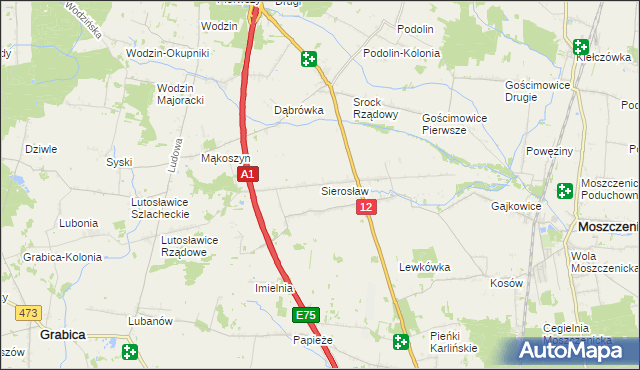 mapa Sierosław gmina Moszczenica, Sierosław gmina Moszczenica na mapie Targeo