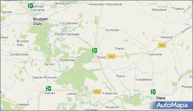 mapa Sikórz gmina Brudzeń Duży, Sikórz gmina Brudzeń Duży na mapie Targeo