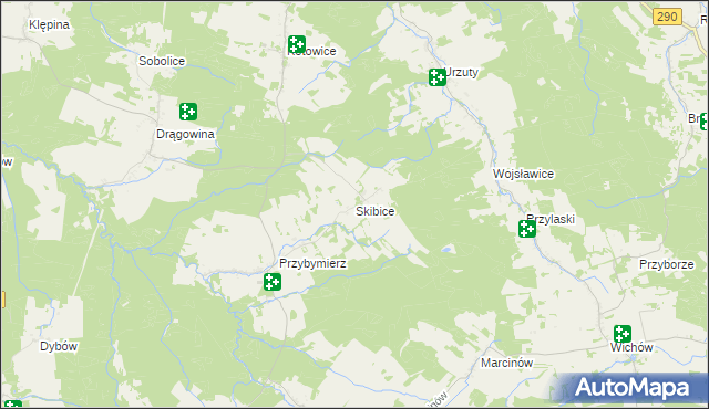 mapa Skibice gmina Nowogród Bobrzański, Skibice gmina Nowogród Bobrzański na mapie Targeo