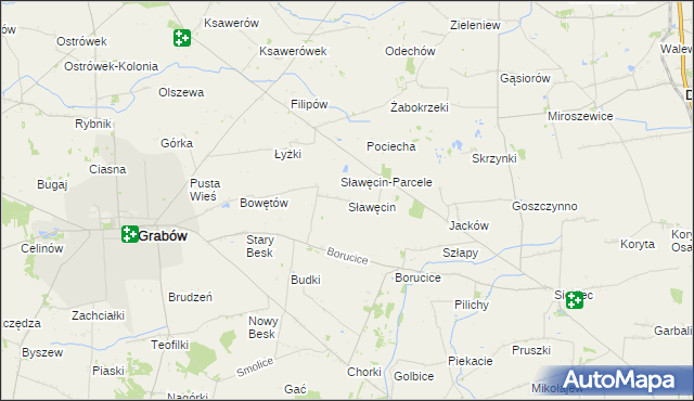 mapa Sławęcin gmina Grabów, Sławęcin gmina Grabów na mapie Targeo
