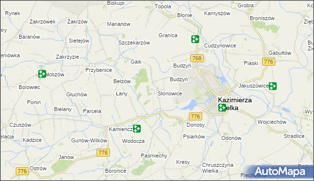 mapa Słonowice gmina Kazimierza Wielka, Słonowice gmina Kazimierza Wielka na mapie Targeo