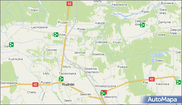 mapa Słowików gmina Rudniki, Słowików gmina Rudniki na mapie Targeo