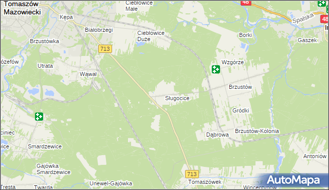 mapa Sługocice gmina Tomaszów Mazowiecki, Sługocice gmina Tomaszów Mazowiecki na mapie Targeo