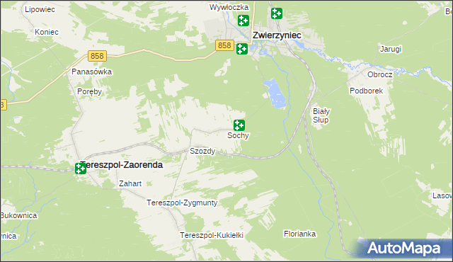 mapa Sochy gmina Zwierzyniec, Sochy gmina Zwierzyniec na mapie Targeo