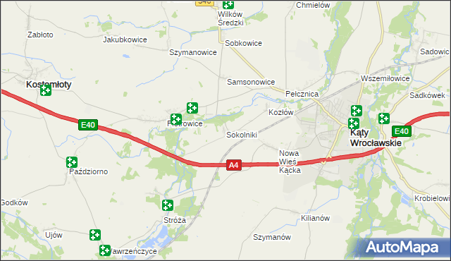 mapa Sokolniki gmina Kąty Wrocławskie, Sokolniki gmina Kąty Wrocławskie na mapie Targeo