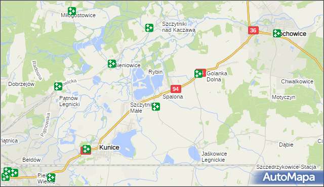 mapa Spalona gmina Kunice, Spalona gmina Kunice na mapie Targeo