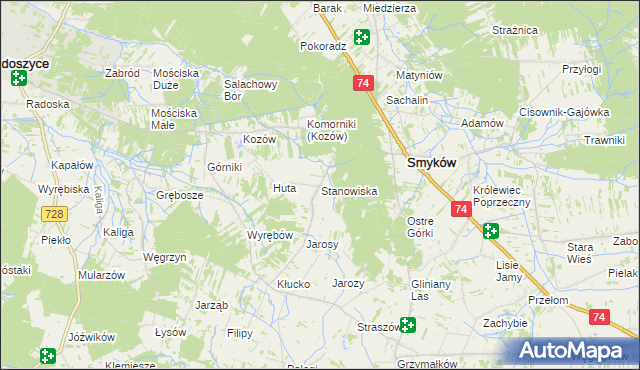 mapa Stanowiska gmina Smyków, Stanowiska gmina Smyków na mapie Targeo