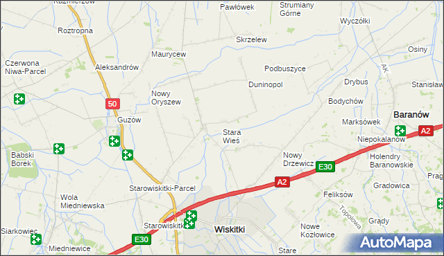 mapa Stara Wieś gmina Wiskitki, Stara Wieś gmina Wiskitki na mapie Targeo