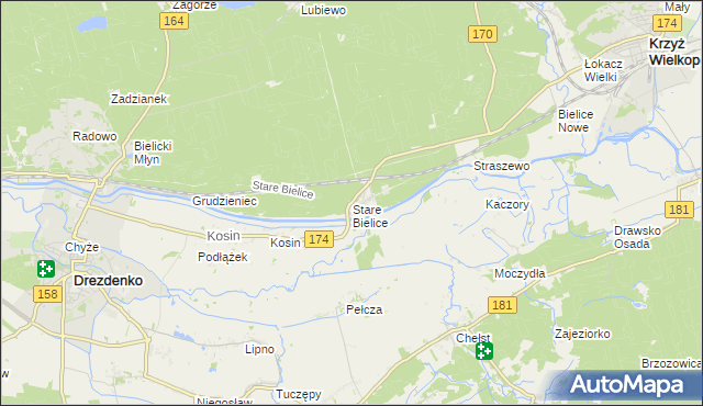 mapa Stare Bielice gmina Drezdenko, Stare Bielice gmina Drezdenko na mapie Targeo