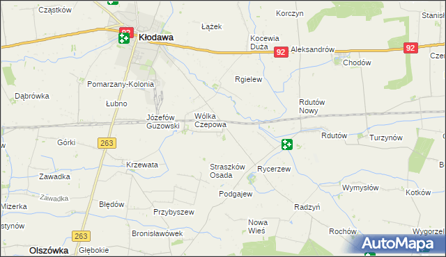 mapa Straszków gmina Kłodawa, Straszków gmina Kłodawa na mapie Targeo