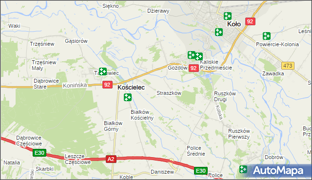 mapa Straszków gmina Kościelec, Straszków gmina Kościelec na mapie Targeo