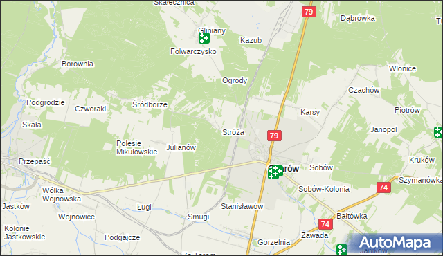 mapa Stróża gmina Ożarów, Stróża gmina Ożarów na mapie Targeo