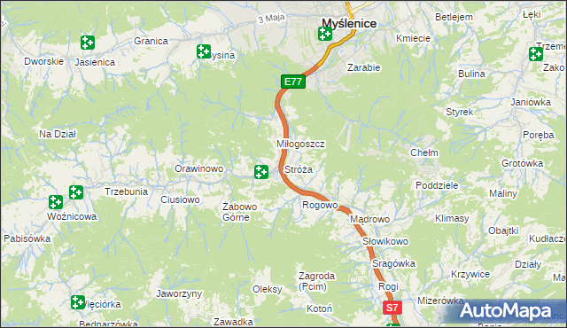 mapa Stróża gmina Pcim, Stróża gmina Pcim na mapie Targeo