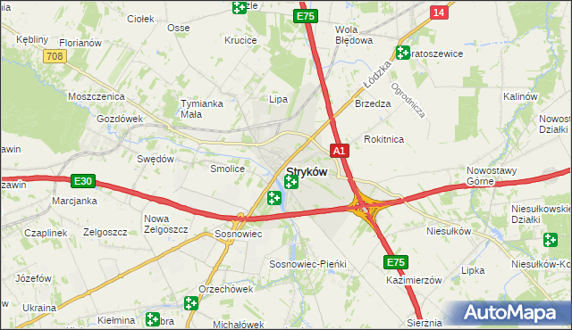mapa Stryków powiat zgierski, Stryków powiat zgierski na mapie Targeo