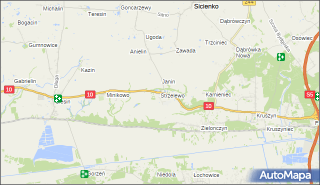 mapa Strzelewo gmina Sicienko, Strzelewo gmina Sicienko na mapie Targeo