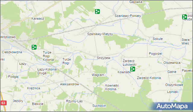 mapa Strzyżew gmina Łuków, Strzyżew gmina Łuków na mapie Targeo