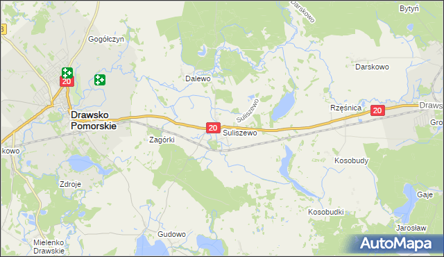 mapa Suliszewo gmina Drawsko Pomorskie, Suliszewo gmina Drawsko Pomorskie na mapie Targeo