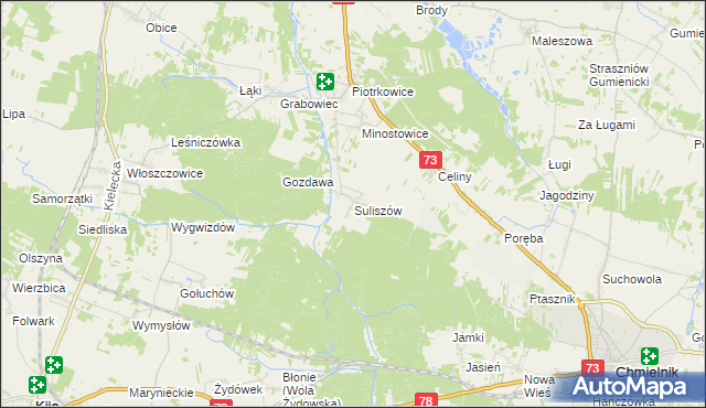 mapa Suliszów gmina Chmielnik, Suliszów gmina Chmielnik na mapie Targeo