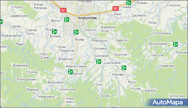 mapa Sułkowice gmina Andrychów, Sułkowice gmina Andrychów na mapie Targeo