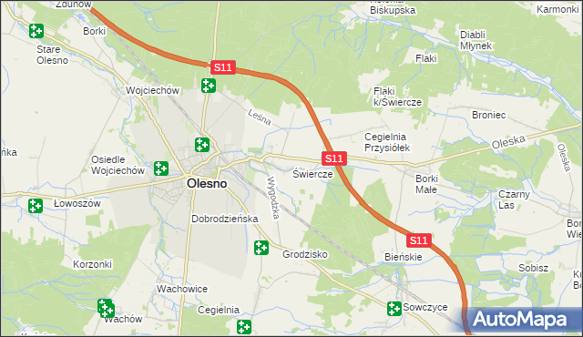 mapa Świercze gmina Olesno, Świercze gmina Olesno na mapie Targeo