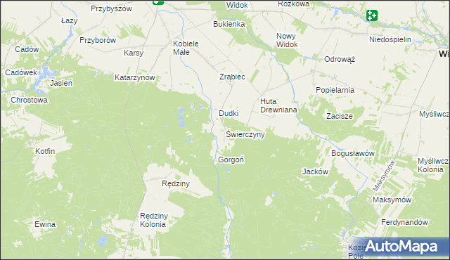 mapa Świerczyny gmina Kobiele Wielkie, Świerczyny gmina Kobiele Wielkie na mapie Targeo