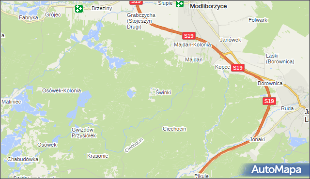 mapa Świnki gmina Modliborzyce, Świnki gmina Modliborzyce na mapie Targeo