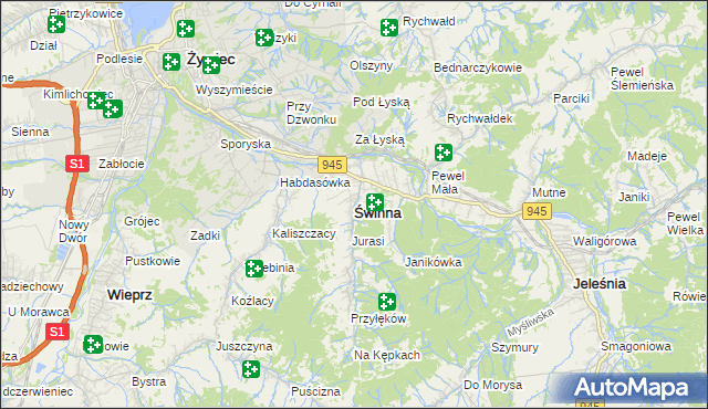 mapa Świnna powiat żywiecki, Świnna powiat żywiecki na mapie Targeo