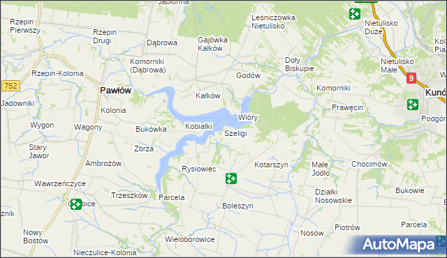 mapa Szeligi gmina Pawłów, Szeligi gmina Pawłów na mapie Targeo