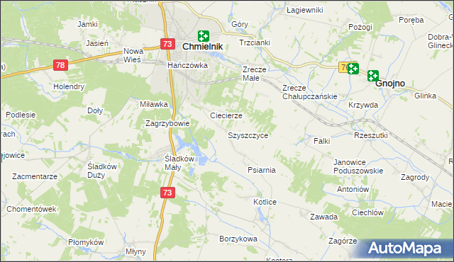 mapa Szyszczyce gmina Chmielnik, Szyszczyce gmina Chmielnik na mapie Targeo