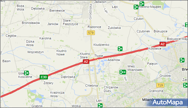 mapa Tłuste gmina Grodzisk Mazowiecki, Tłuste gmina Grodzisk Mazowiecki na mapie Targeo